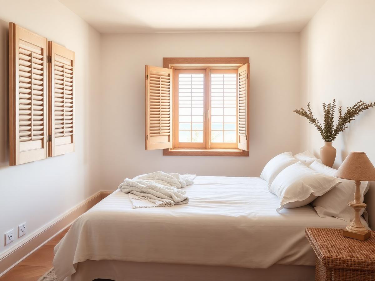 Calm bedroom in a Spanish holiday home with white linen and shuttered windows