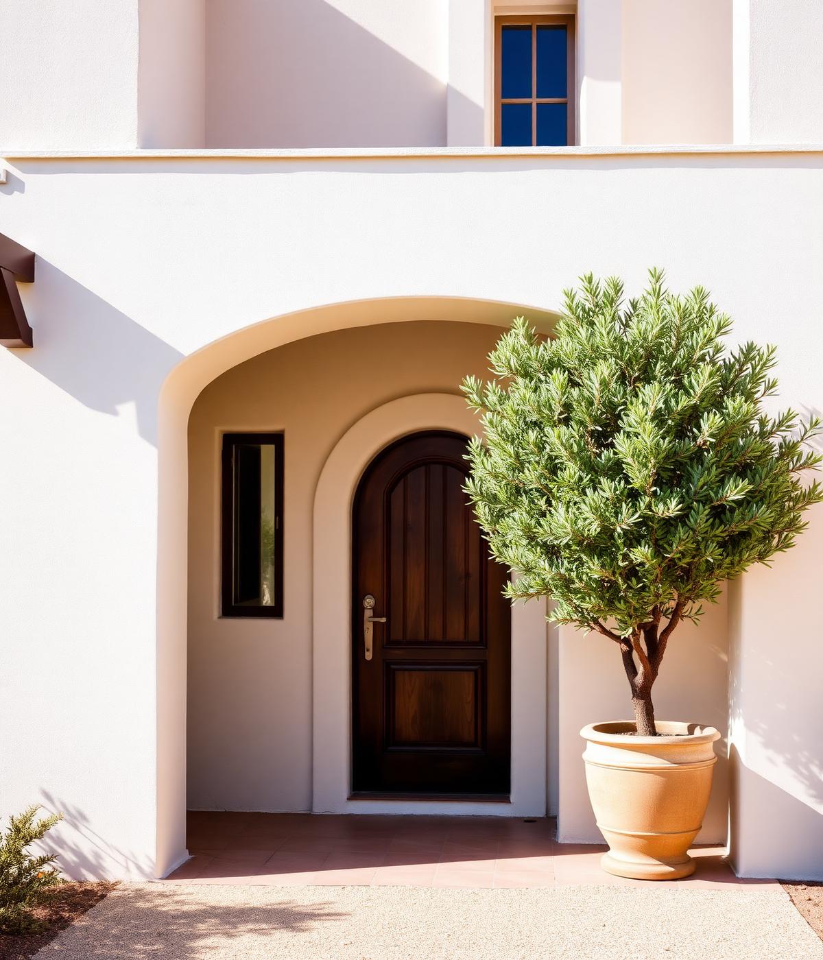 Elegant entrance of a Mediterranean holiday home with a potted olive tree